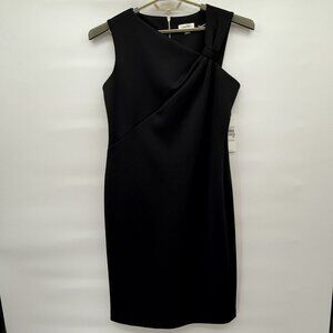 Calvin Klein Black Midi Dress Asymmetric Neck Sheath Career NWT Size‎ 12